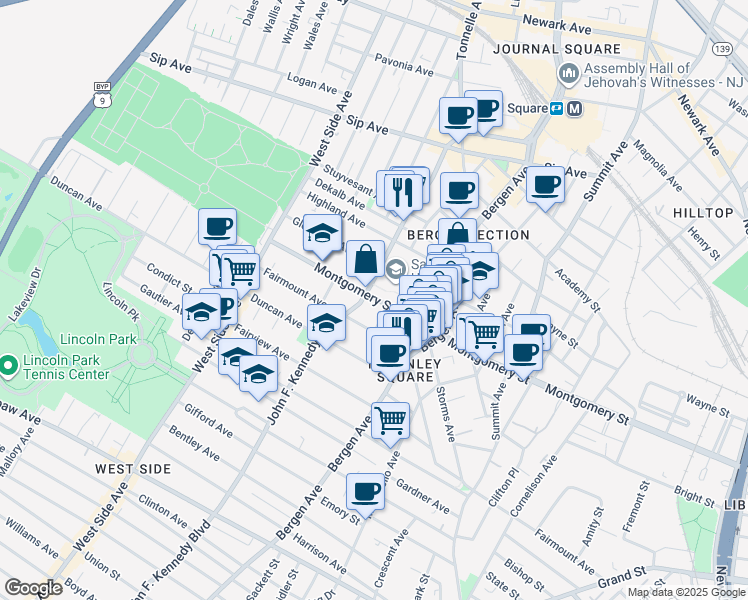 map of restaurants, bars, coffee shops, grocery stores, and more near in Jersey City