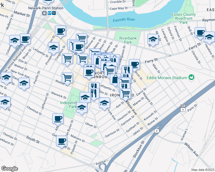 map of restaurants, bars, coffee shops, grocery stores, and more near 387 Lafayette Street in Newark