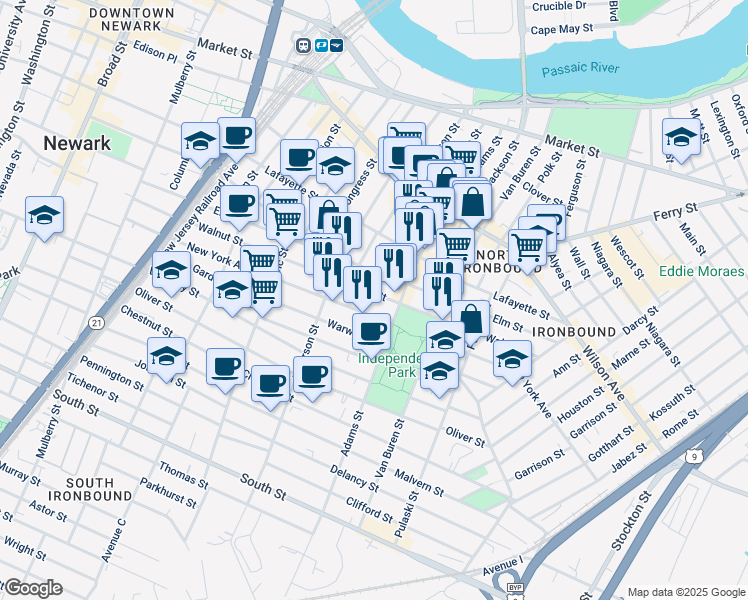 map of restaurants, bars, coffee shops, grocery stores, and more near 296 Walnut Street in Newark