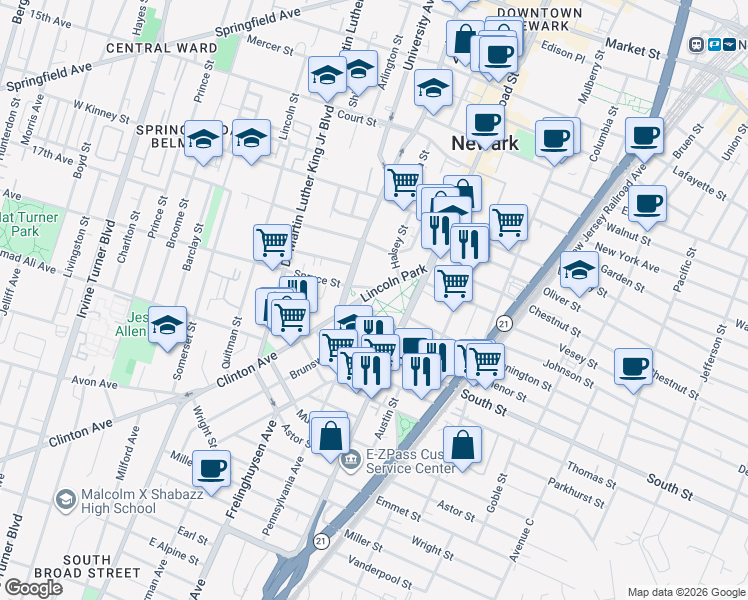 map of restaurants, bars, coffee shops, grocery stores, and more near 50-72 Lincoln Park in Newark