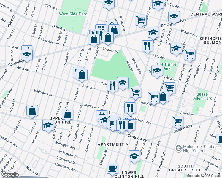 map of restaurants, bars, coffee shops, grocery stores, and more near 56 Rose Terrace in Newark
