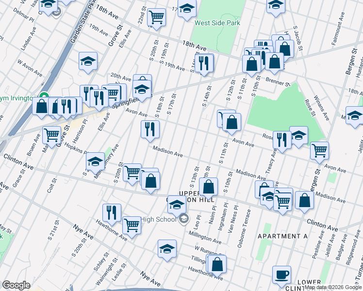 map of restaurants, bars, coffee shops, grocery stores, and more near 801 South 15th Street in Newark