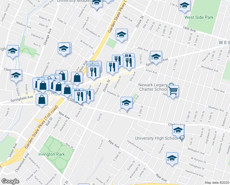 map of restaurants, bars, coffee shops, grocery stores, and more near 60 Harrison Place in Irvington