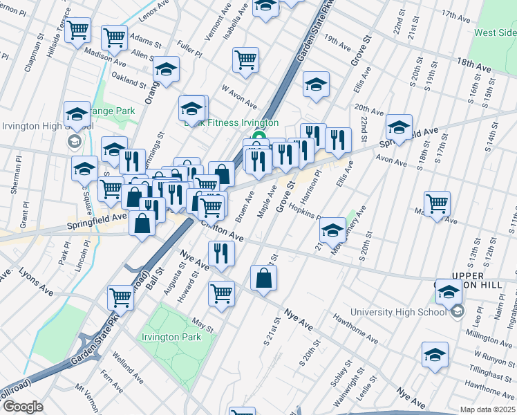 map of restaurants, bars, coffee shops, grocery stores, and more near 45 Maple Avenue in Irvington
