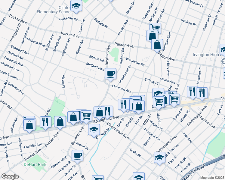 map of restaurants, bars, coffee shops, grocery stores, and more near 277B Elmwood Avenue in Maplewood