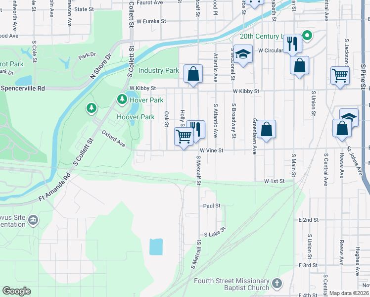map of restaurants, bars, coffee shops, grocery stores, and more near 666 West Vine Street in Lima