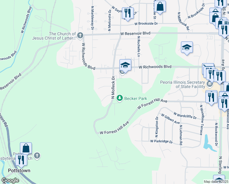 map of restaurants, bars, coffee shops, grocery stores, and more near 3113 North Molleck Drive in Peoria