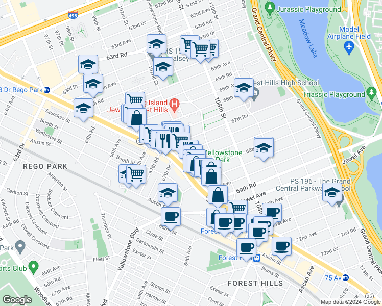 map of restaurants, bars, coffee shops, grocery stores, and more near 102-40 67th Drive in Queens