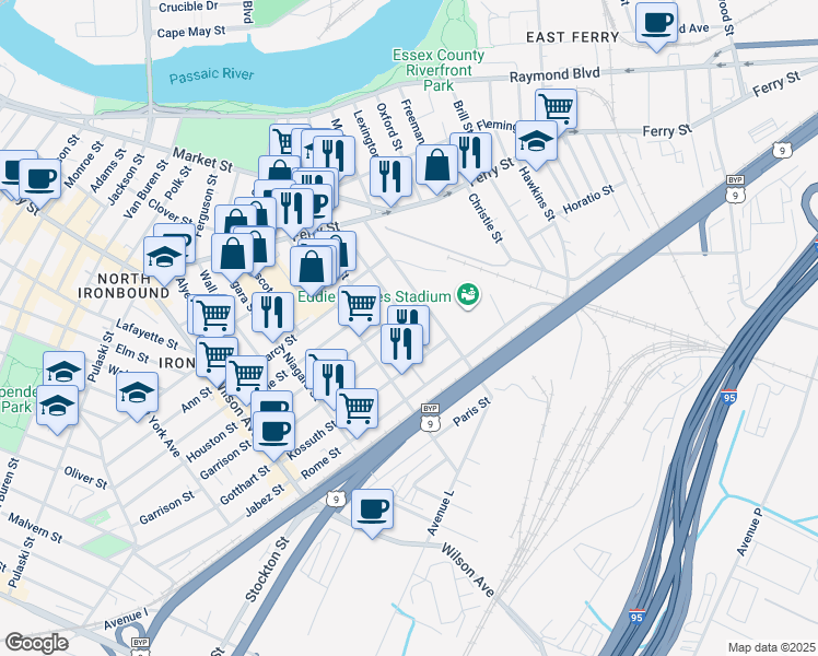 map of restaurants, bars, coffee shops, grocery stores, and more near 95 Saint Francis Street in Newark