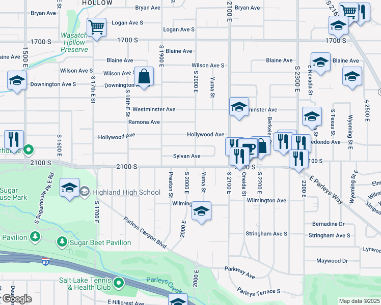 map of restaurants, bars, coffee shops, grocery stores, and more near 1977 Sylvan Avenue in Salt Lake City