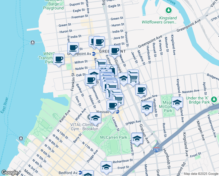 map of restaurants, bars, coffee shops, grocery stores, and more near 639 Leonard Street in Brooklyn