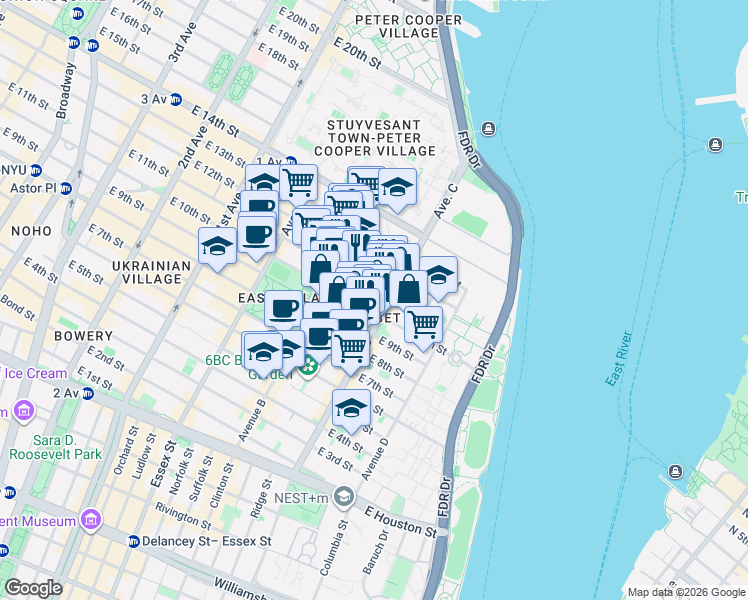 map of restaurants, bars, coffee shops, grocery stores, and more near 375 East 10th Street in New York