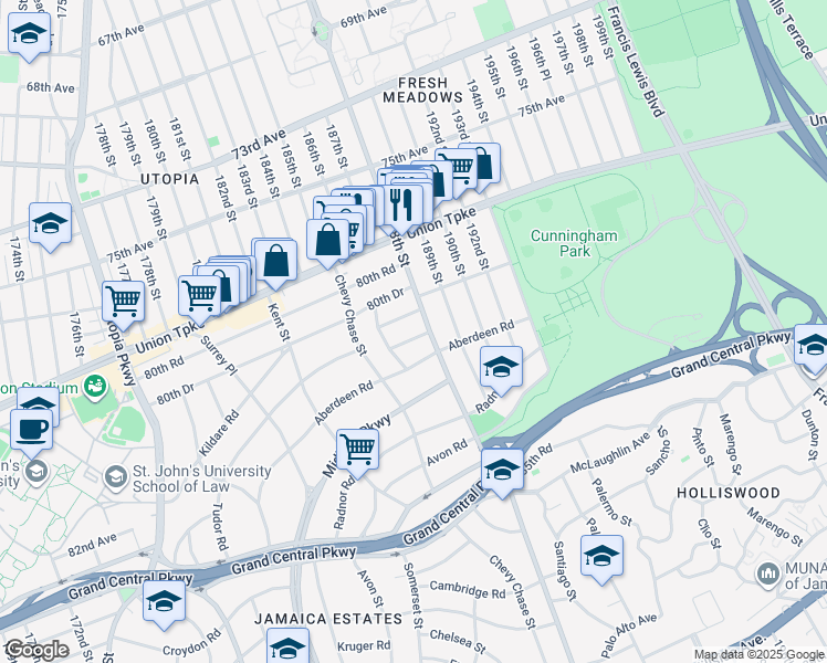 map of restaurants, bars, coffee shops, grocery stores, and more near 187-29 Perth Road in Queens