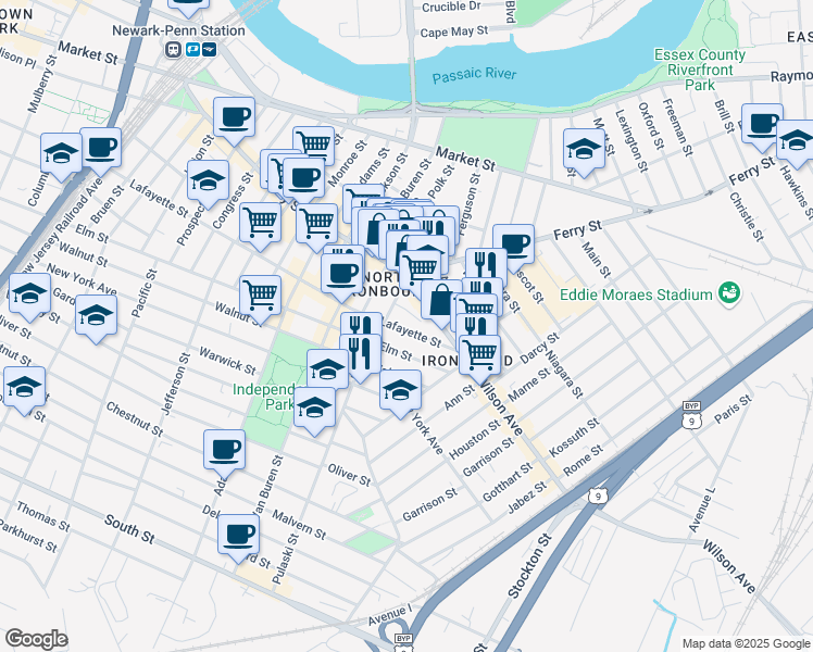 map of restaurants, bars, coffee shops, grocery stores, and more near 387 Lafayette Street in Newark