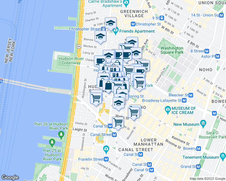 map of restaurants, bars, coffee shops, grocery stores, and more near Varick St & Vandam St in New York