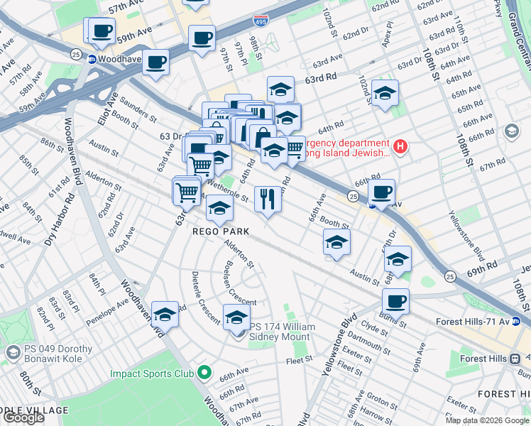 map of restaurants, bars, coffee shops, grocery stores, and more near 94-11 65th Road in Queens