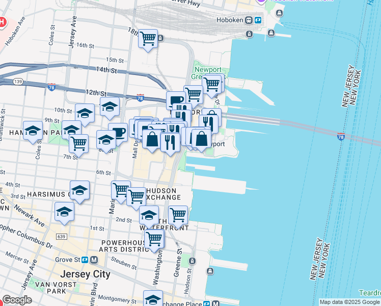 map of restaurants, bars, coffee shops, grocery stores, and more near 123 Town Square Place in Jersey City