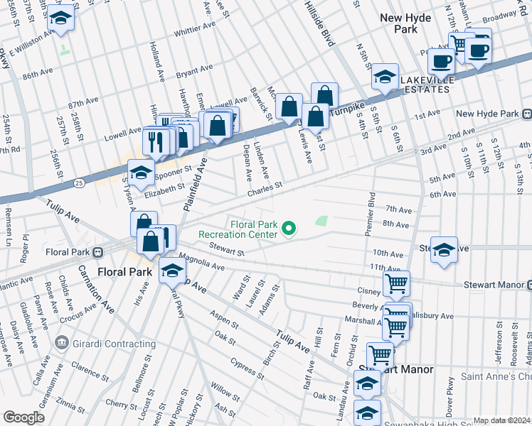 map of restaurants, bars, coffee shops, grocery stores, and more near 15 Bergen Street in Floral Park