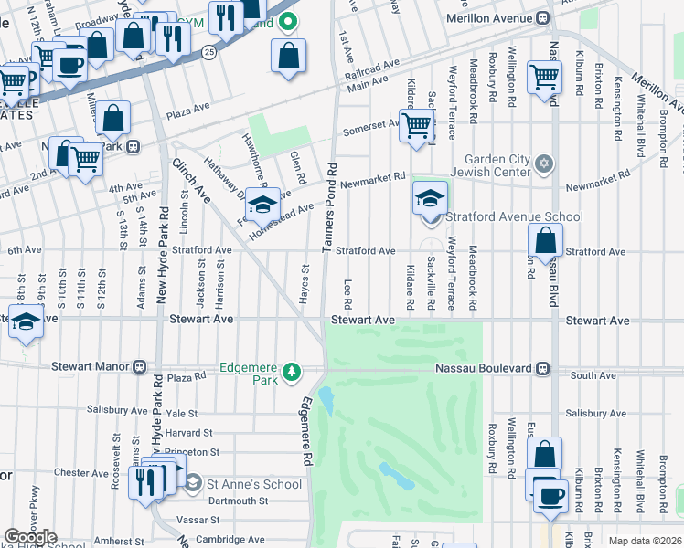 map of restaurants, bars, coffee shops, grocery stores, and more near 116 Lee Road in Garden City