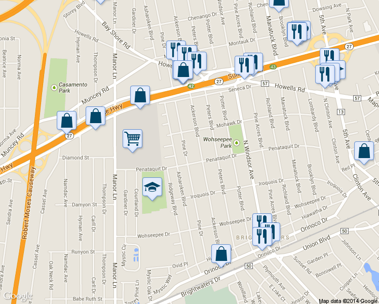 map of restaurants, bars, coffee shops, grocery stores, and more near 512 Pine Drive in Brightwaters