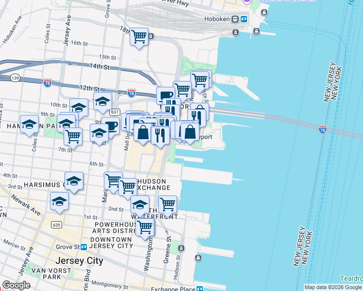 map of restaurants, bars, coffee shops, grocery stores, and more near 100 Town Square Place in Jersey City