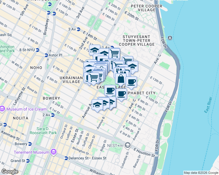 map of restaurants, bars, coffee shops, grocery stores, and more near East 10th Street in New York