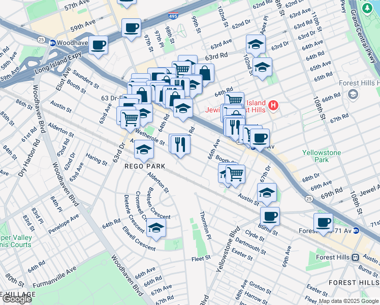 map of restaurants, bars, coffee shops, grocery stores, and more near 65-47 Wetherole Street in Queens