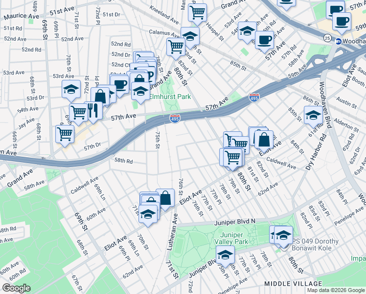 map of restaurants, bars, coffee shops, grocery stores, and more near 58-04 77th Place in Queens