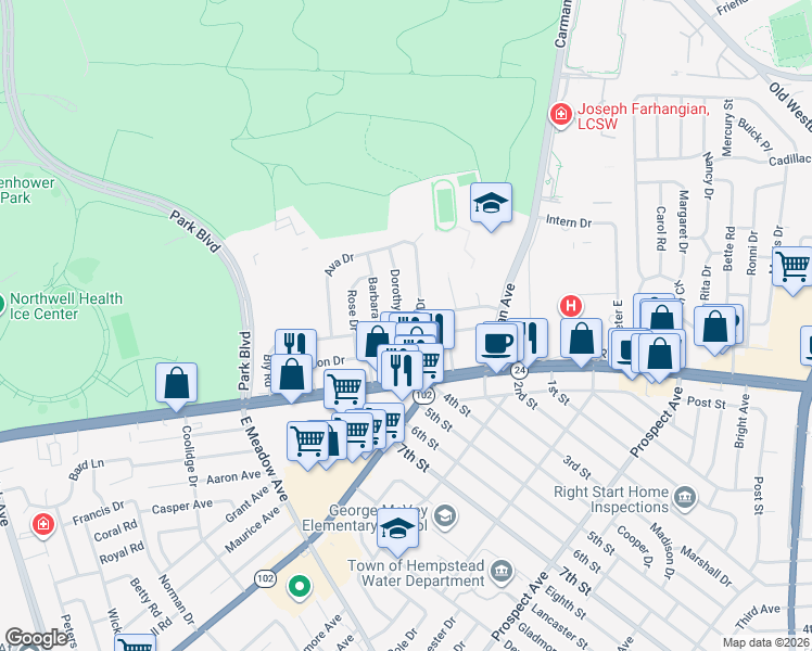 map of restaurants, bars, coffee shops, grocery stores, and more near 56 Dorothy Drive in East Meadow