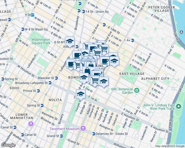 map of restaurants, bars, coffee shops, grocery stores, and more near 82 2nd Avenue in New York