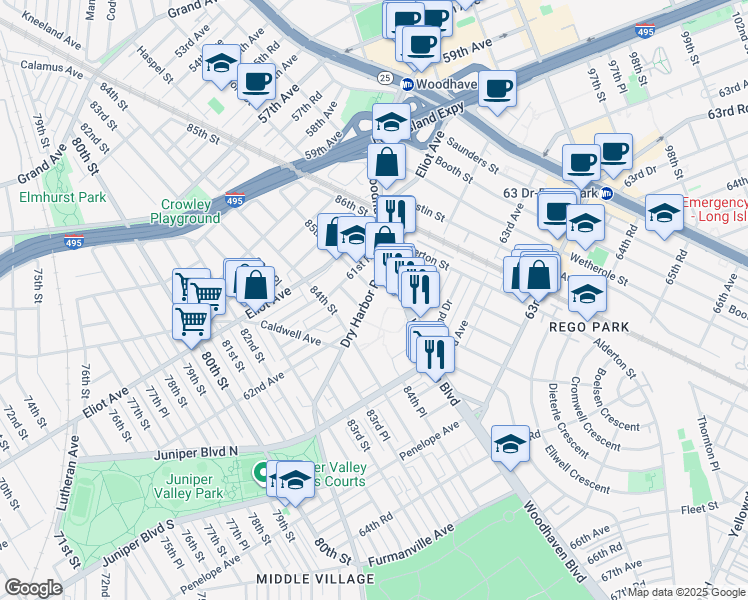 map of restaurants, bars, coffee shops, grocery stores, and more near 61-49 Dry Harbor Road in Queens