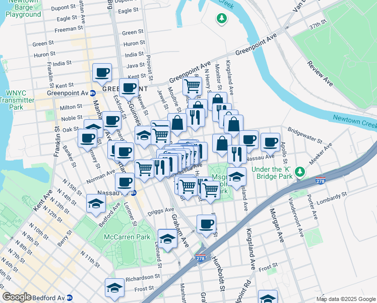 map of restaurants, bars, coffee shops, grocery stores, and more near 720 Humboldt Street in Brooklyn