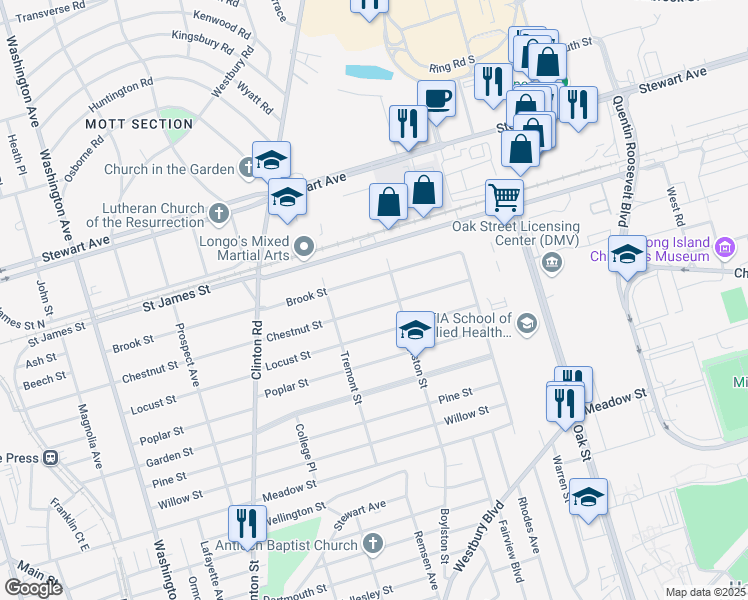 map of restaurants, bars, coffee shops, grocery stores, and more near 133 Chestnut Street in Garden City