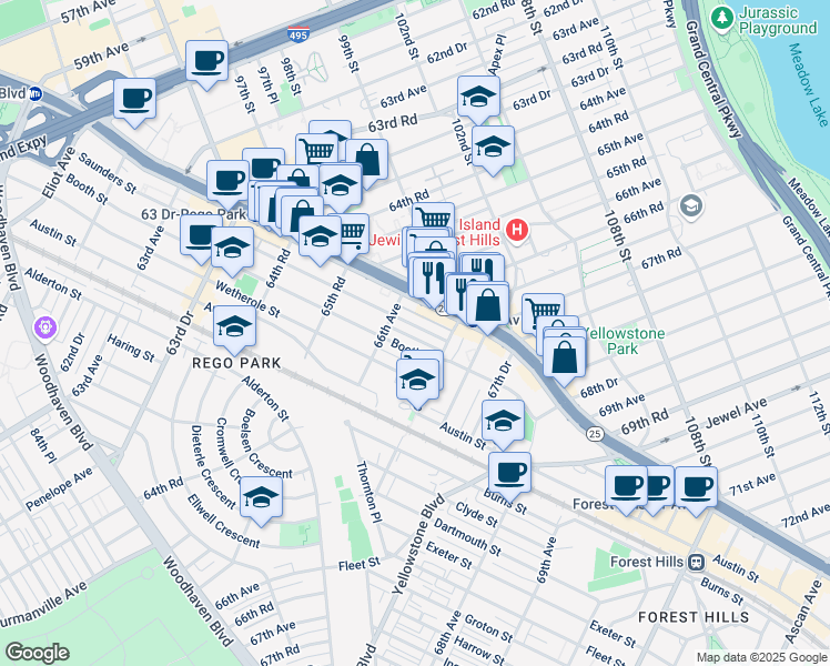 map of restaurants, bars, coffee shops, grocery stores, and more near 66-28 Saunders Street in Queens