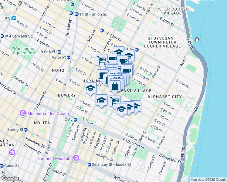 map of restaurants, bars, coffee shops, grocery stores, and more near 113 East 7th Street in New York