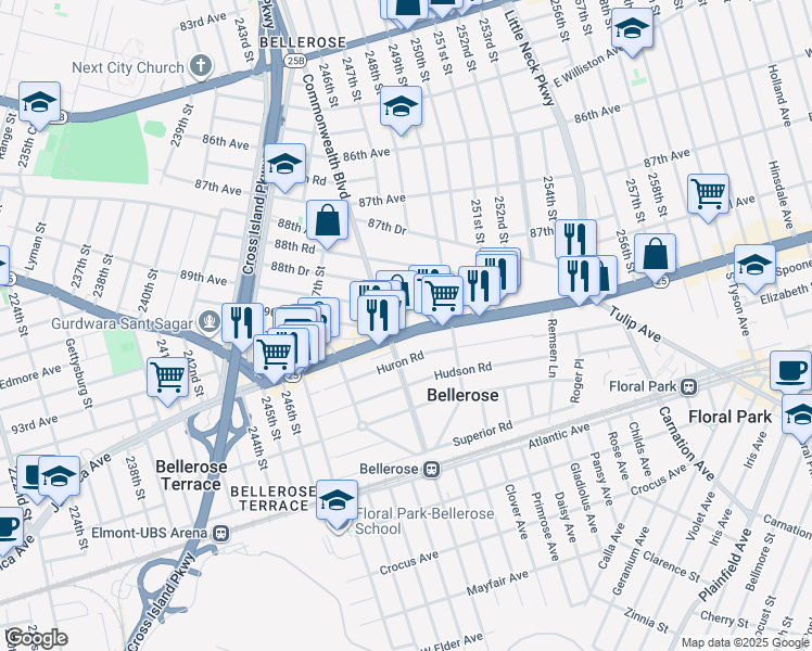 map of restaurants, bars, coffee shops, grocery stores, and more near 24815 New York 25 in Queens
