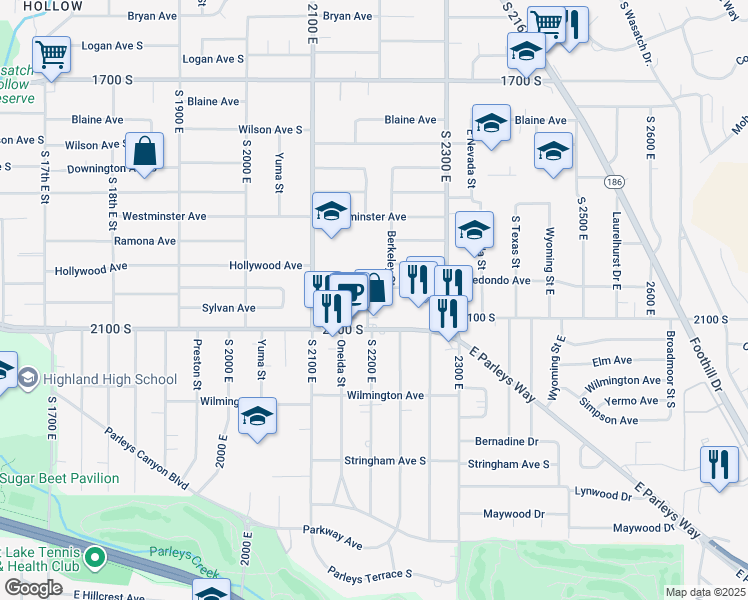 map of restaurants, bars, coffee shops, grocery stores, and more near 2007 South 2200 East in Salt Lake City
