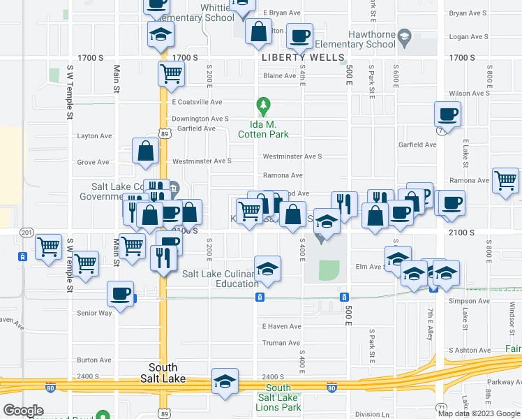 map of restaurants, bars, coffee shops, grocery stores, and more near 317 Redondo Avenue in Salt Lake City