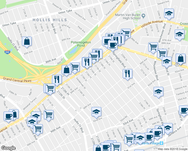 map of restaurants, bars, coffee shops, grocery stores, and more near 89-06 216th Street in Queens