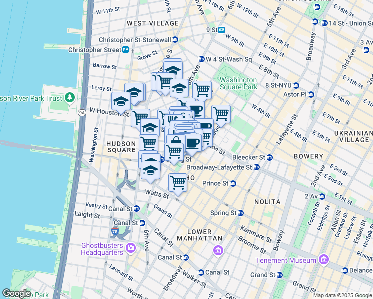 map of restaurants, bars, coffee shops, grocery stores, and more near 144 Sullivan Street in New York