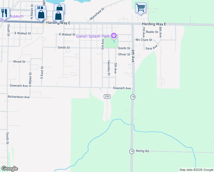 map of restaurants, bars, coffee shops, grocery stores, and more near 520 Hensley Street in Galion