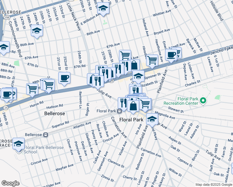 map of restaurants, bars, coffee shops, grocery stores, and more near 65 Tulip Avenue in Floral Park