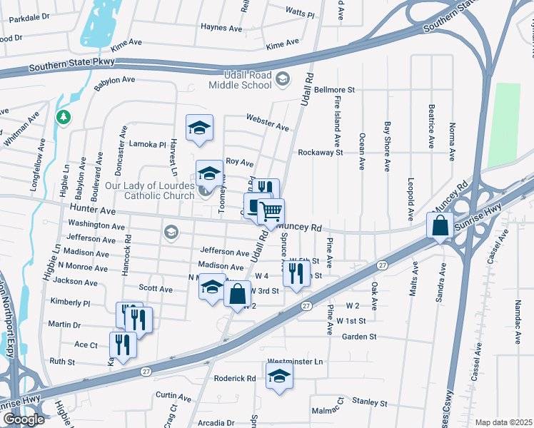 map of restaurants, bars, coffee shops, grocery stores, and more near 796 Udall Road in West Islip