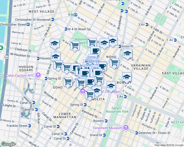map of restaurants, bars, coffee shops, grocery stores, and more near 208 Mercer Street in New York