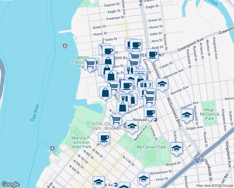 map of restaurants, bars, coffee shops, grocery stores, and more near 239 Banker Street in Brooklyn