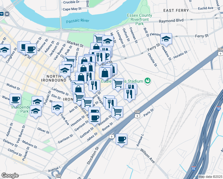 map of restaurants, bars, coffee shops, grocery stores, and more near 104 Marne St in Newark