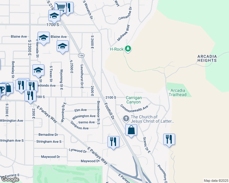 map of restaurants, bars, coffee shops, grocery stores, and more near 2015 Wasatch Drive East in Salt Lake City