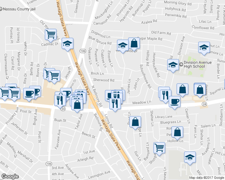 map of restaurants, bars, coffee shops, grocery stores, and more near 14 Loring Rd in Levittown