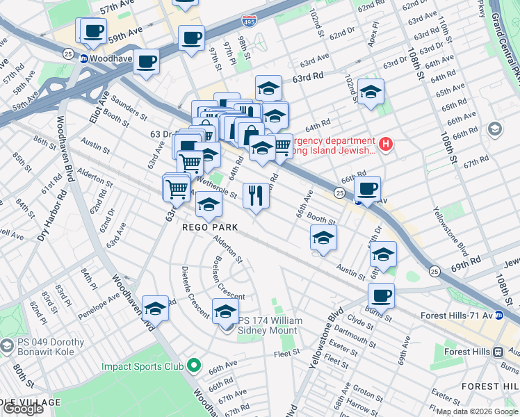 map of restaurants, bars, coffee shops, grocery stores, and more near 65-65 Wetherole Street in Queens