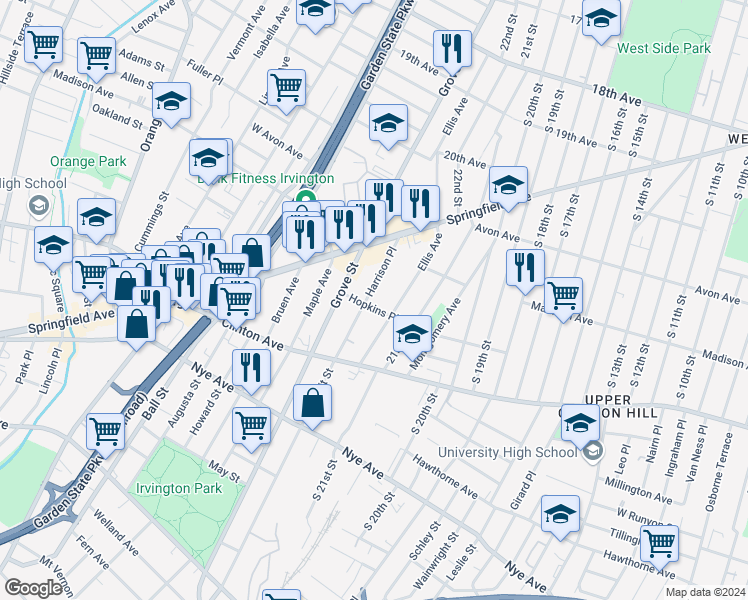 map of restaurants, bars, coffee shops, grocery stores, and more near 64 Harrison Place in Irvington